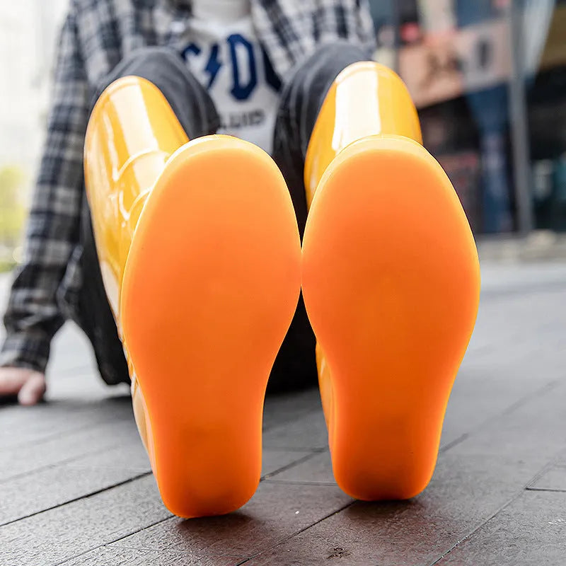 Men's white plastic rain boots with high tube design and flat heel for waterproof labour protection