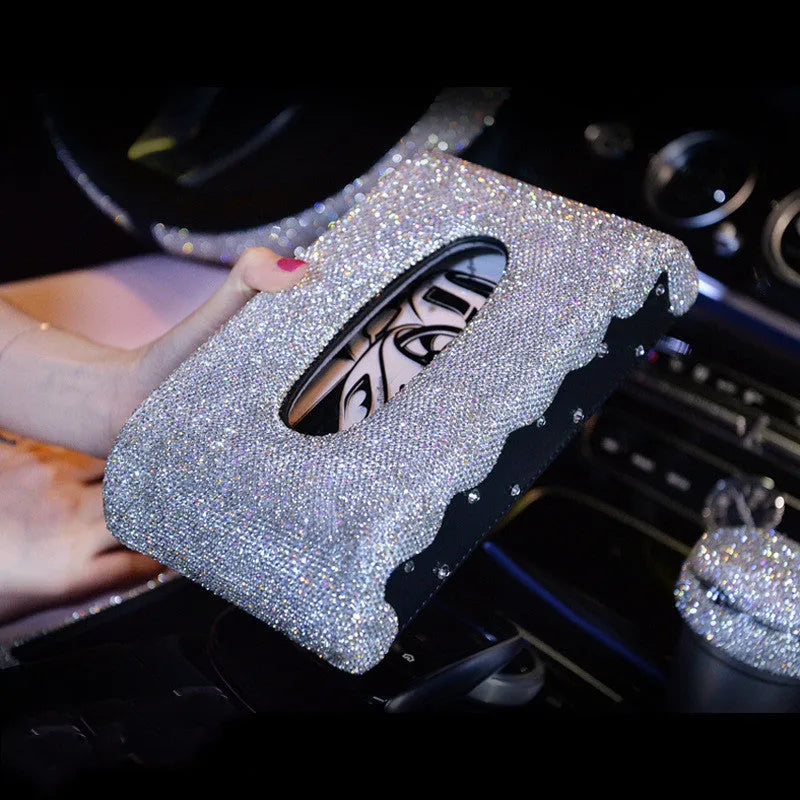 Diamond-studded leather car storage box with handmade Czech rhinestones in white colour