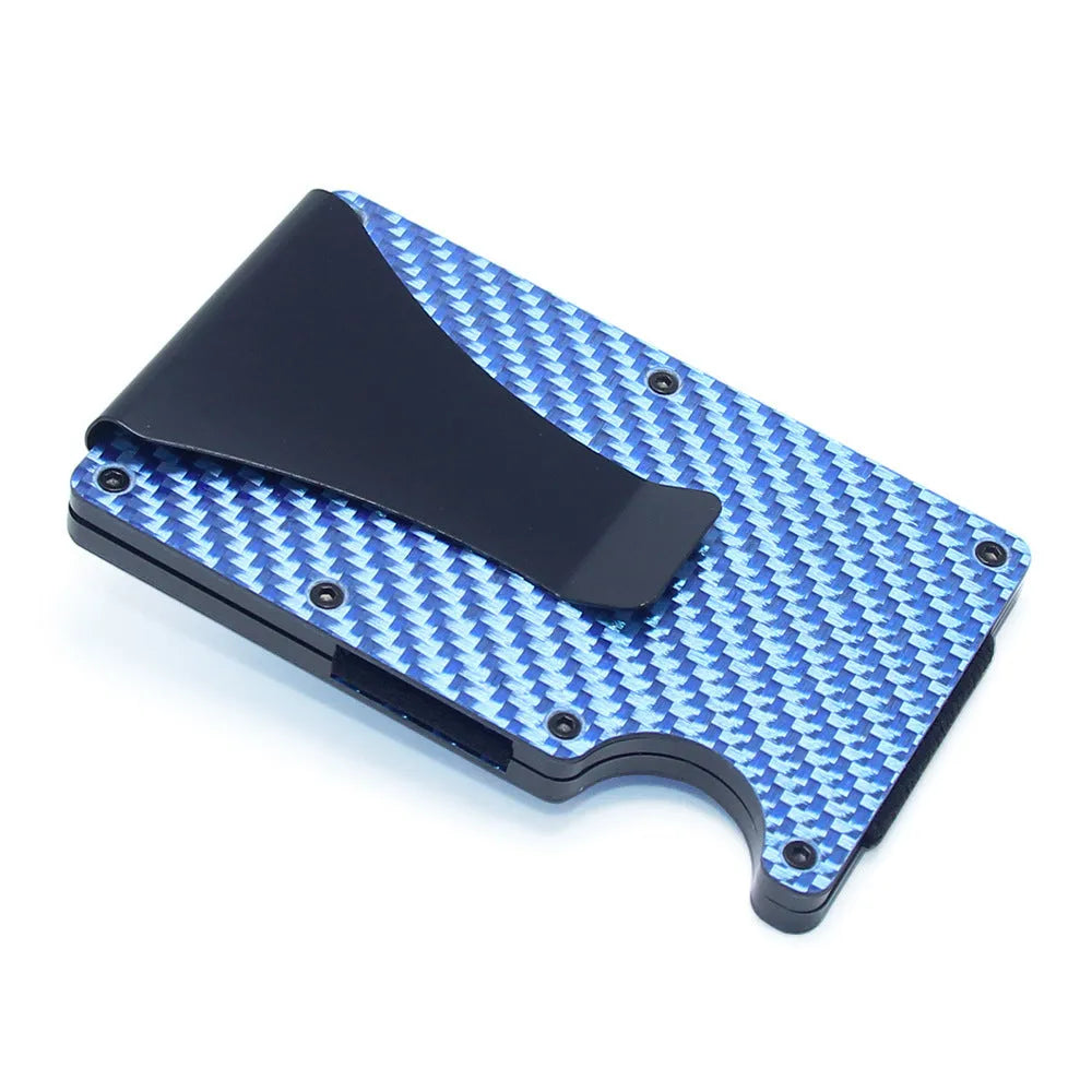 Geometric card holder in black carbon fibre showing slim 8mm profile and card capacity
