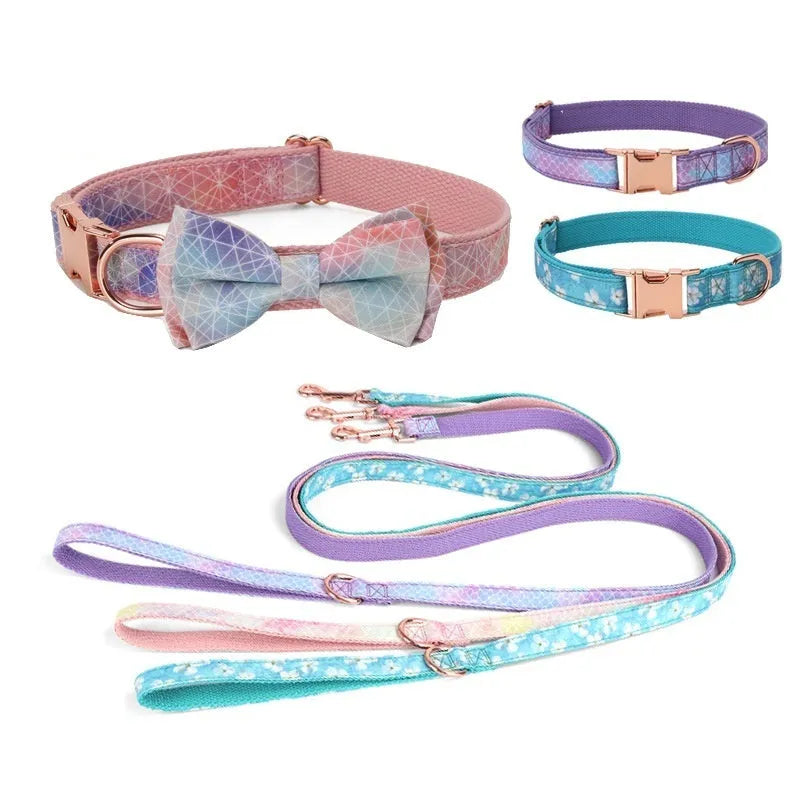 Polyester pet collar with decorative bow and rose gold buckle in multiple colour patterns