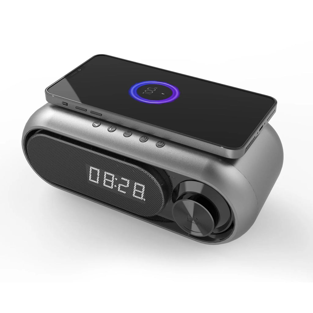 Space grey bedside wireless charging alarm clock with digital display and Bluetooth speaker