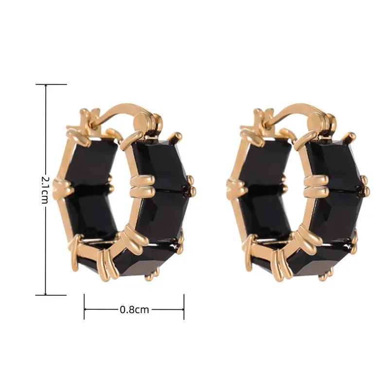 Geometric U-shaped copper earrings with round crystal zirconium accents in gold electroplated finish
