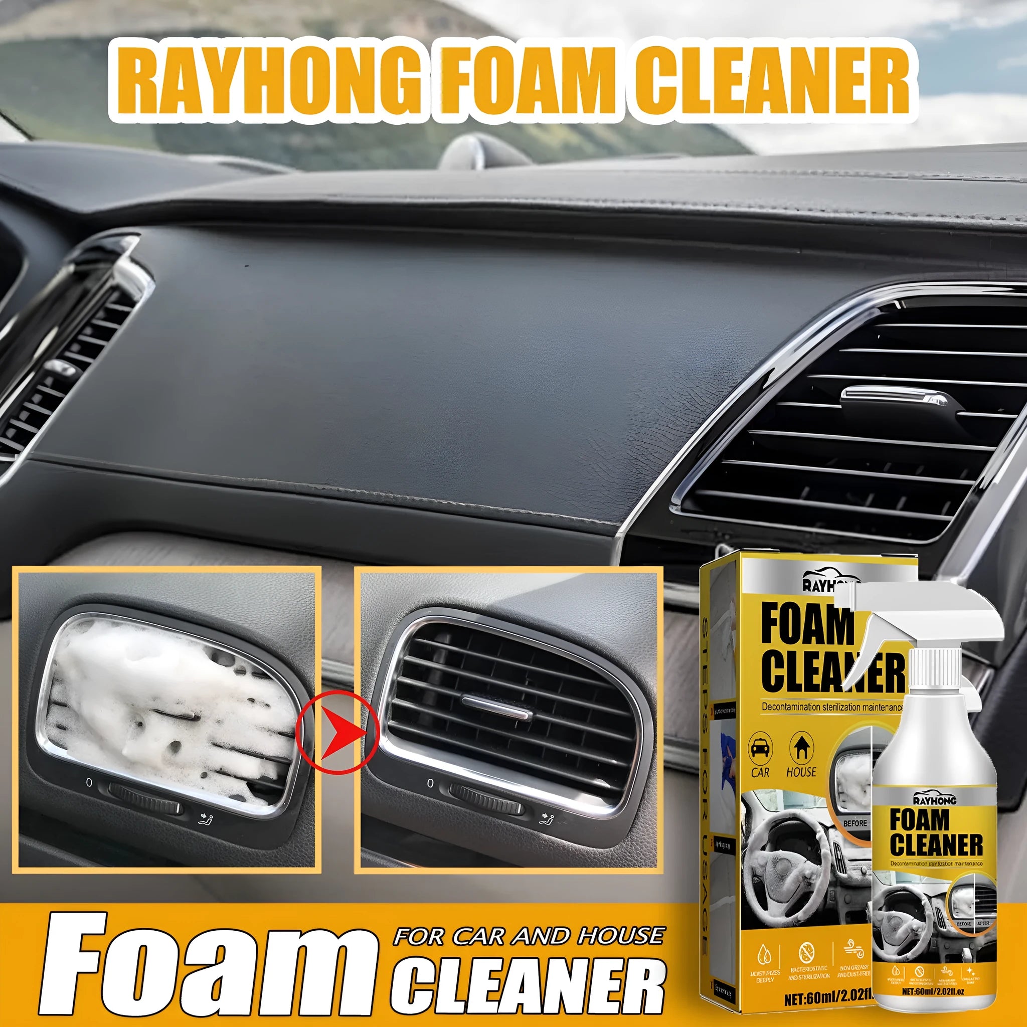 Car interior foamed cleaner 60ml bottle and 10cm sponge for wash-free upholstery cleaning