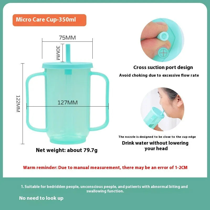 Adult polypropylene drinking cup with oblique choke-proof spout, lid, handle, and optional wrist splint.
