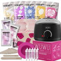 Professional waxing kit with wax warmer, five jars of hard wax beans, applicator sticks, and post-care products.