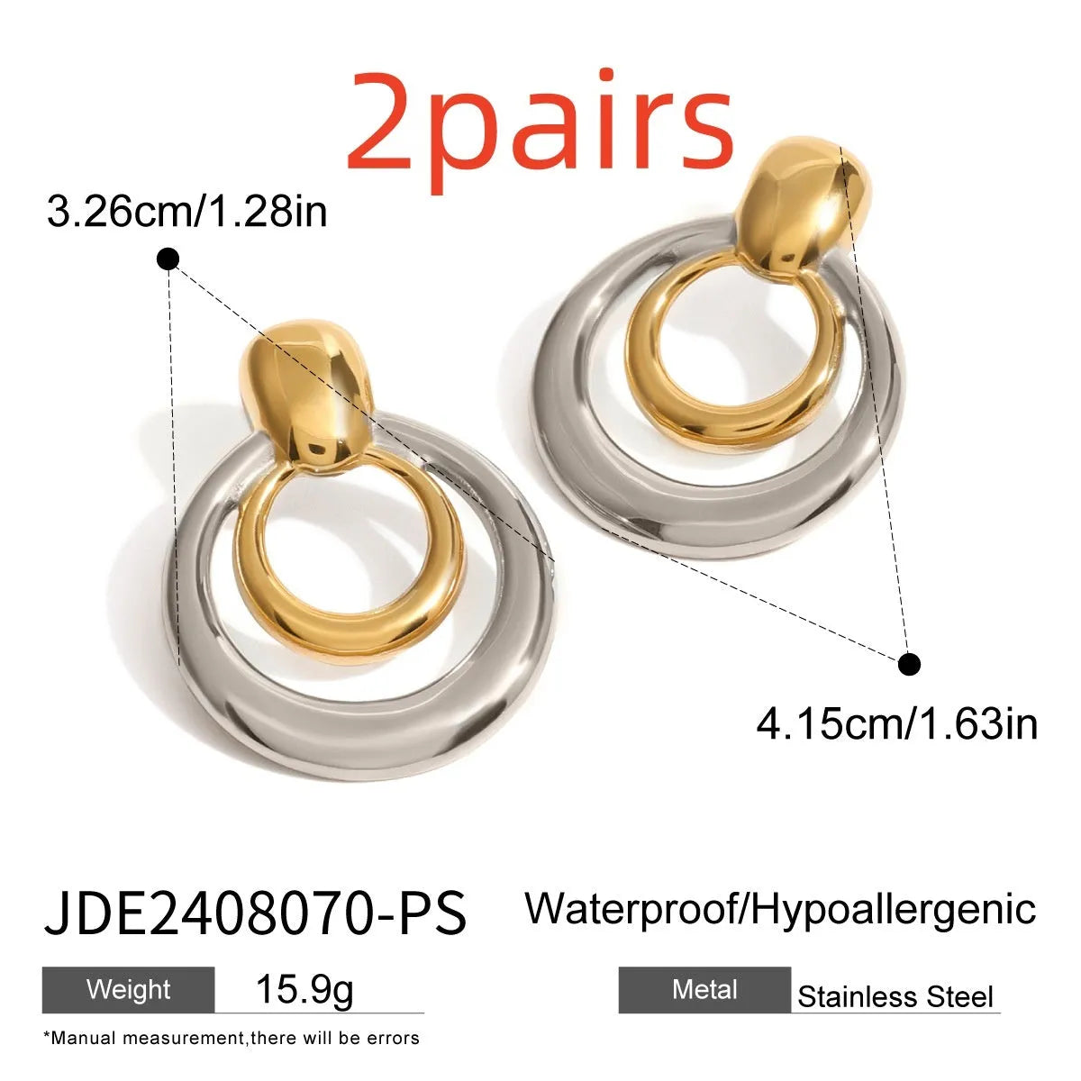 Round golden double layer hollow stud earrings with a geometric design on a white background.
