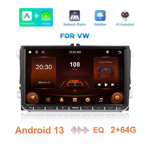 7-inch Android car stereo head unit with touchscreen for Volkswagen vehicles featuring wireless CarPlay.