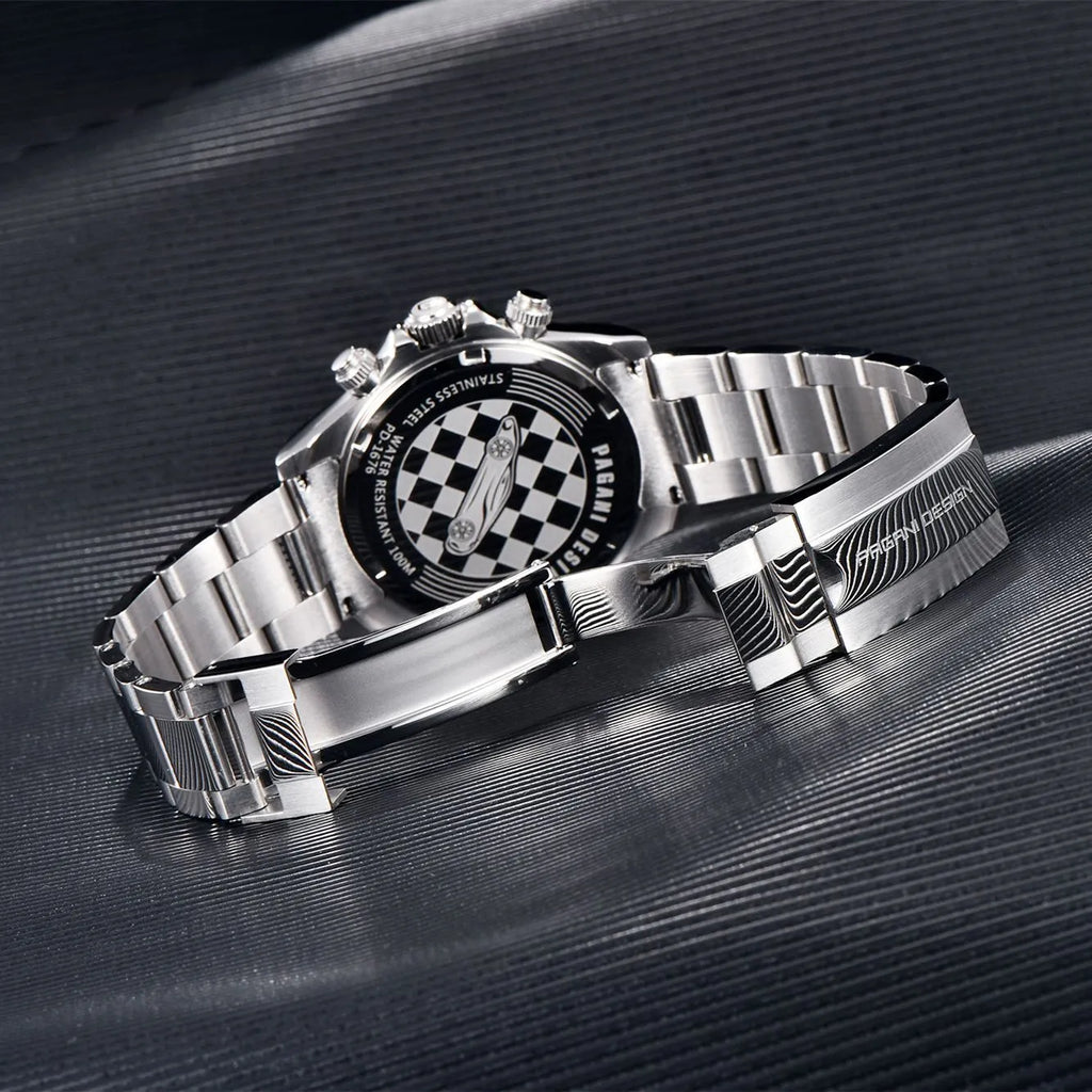 Men's quartz chronograph watch with stainless steel bracelet and 40mm black dial