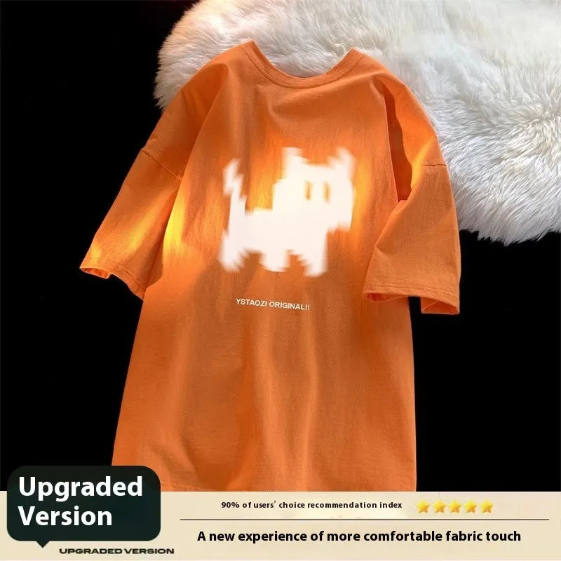 Cat print short sleeved shirt in 100% cotton, loose fit, round neck, available in six colours and sizes M to 5XL.