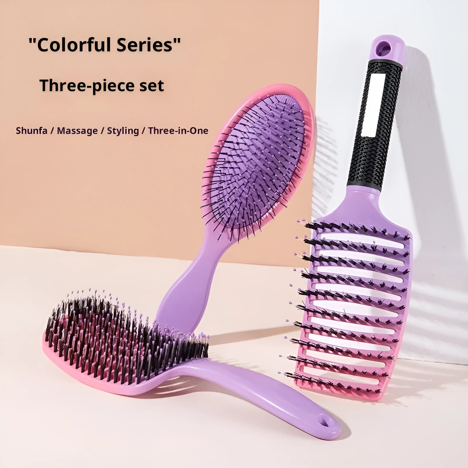 Gradient curly hair hollow comb set with three combs in blue, orange, purple and red gradient colours