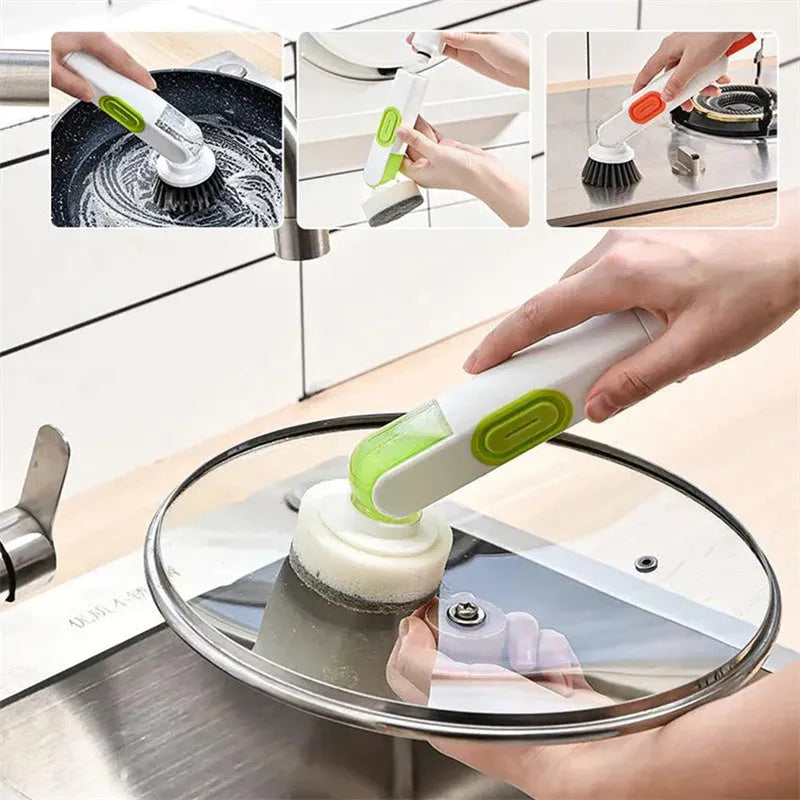 White and green liquid-filled cleaning brush with soap dispenser handle and two brush heads for kitchen cleaning