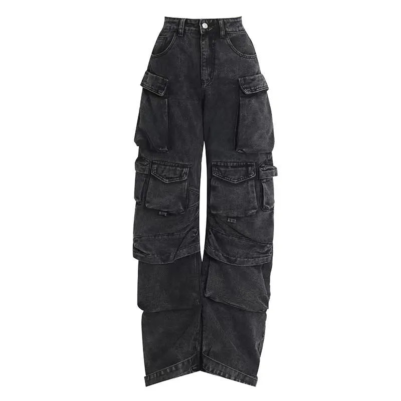 Women's high waist wide leg trousers with tie-dyed pattern and multiple pockets
