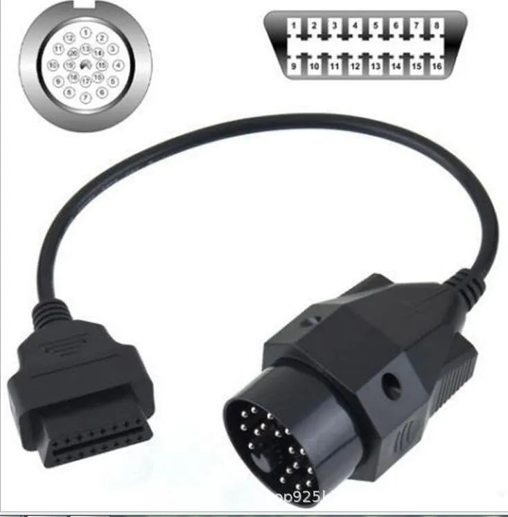 OBD2 adapter cable with BMW 20-pin connector and standard 16-pin OBD2 connector for vehicle diagnostics.