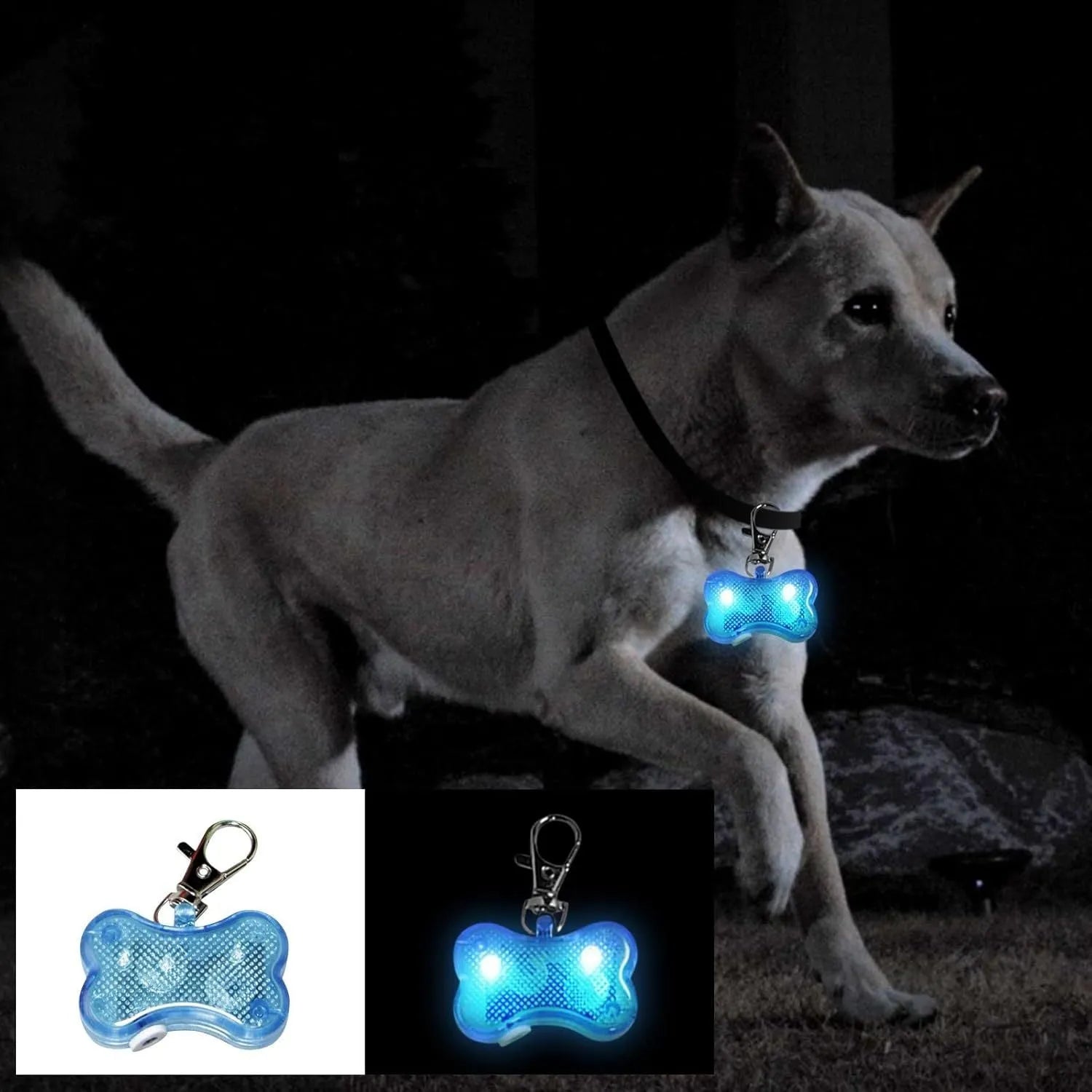 Blue LED bone-shaped luminous pendant attached to a black dog collar, flashing on a dark background.