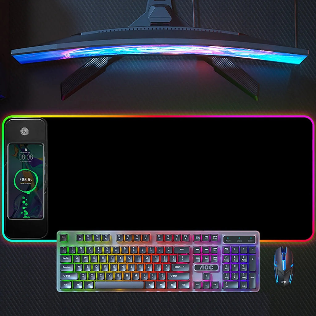 Oversized pure black wireless charging RGB luminous mouse pad with non-slip rubber base and 3mm thickness for gaming