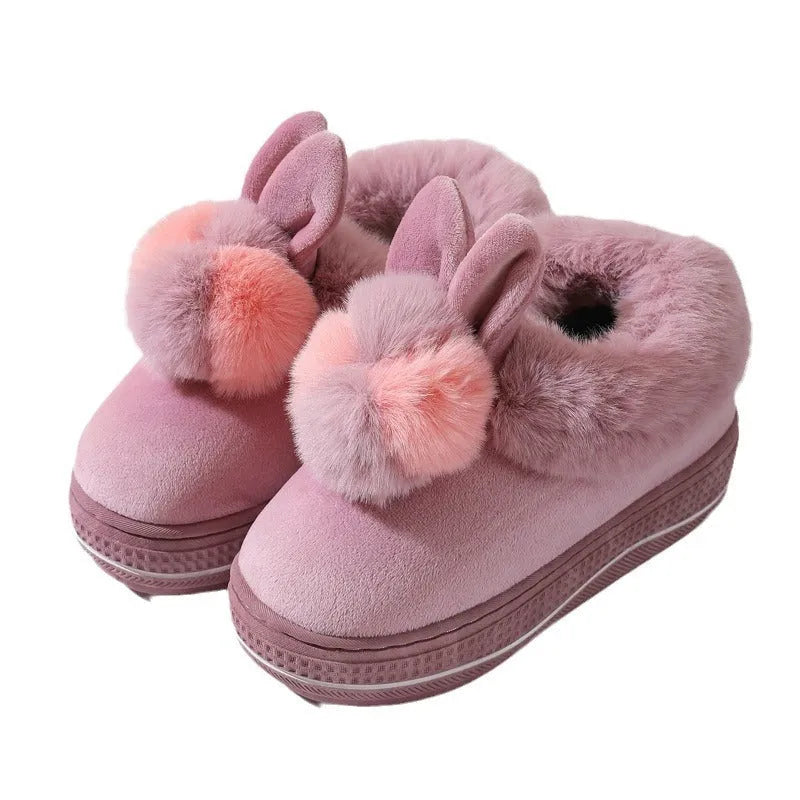 Women's winter high heel slippers in grey with plush upper and thick TPR sole