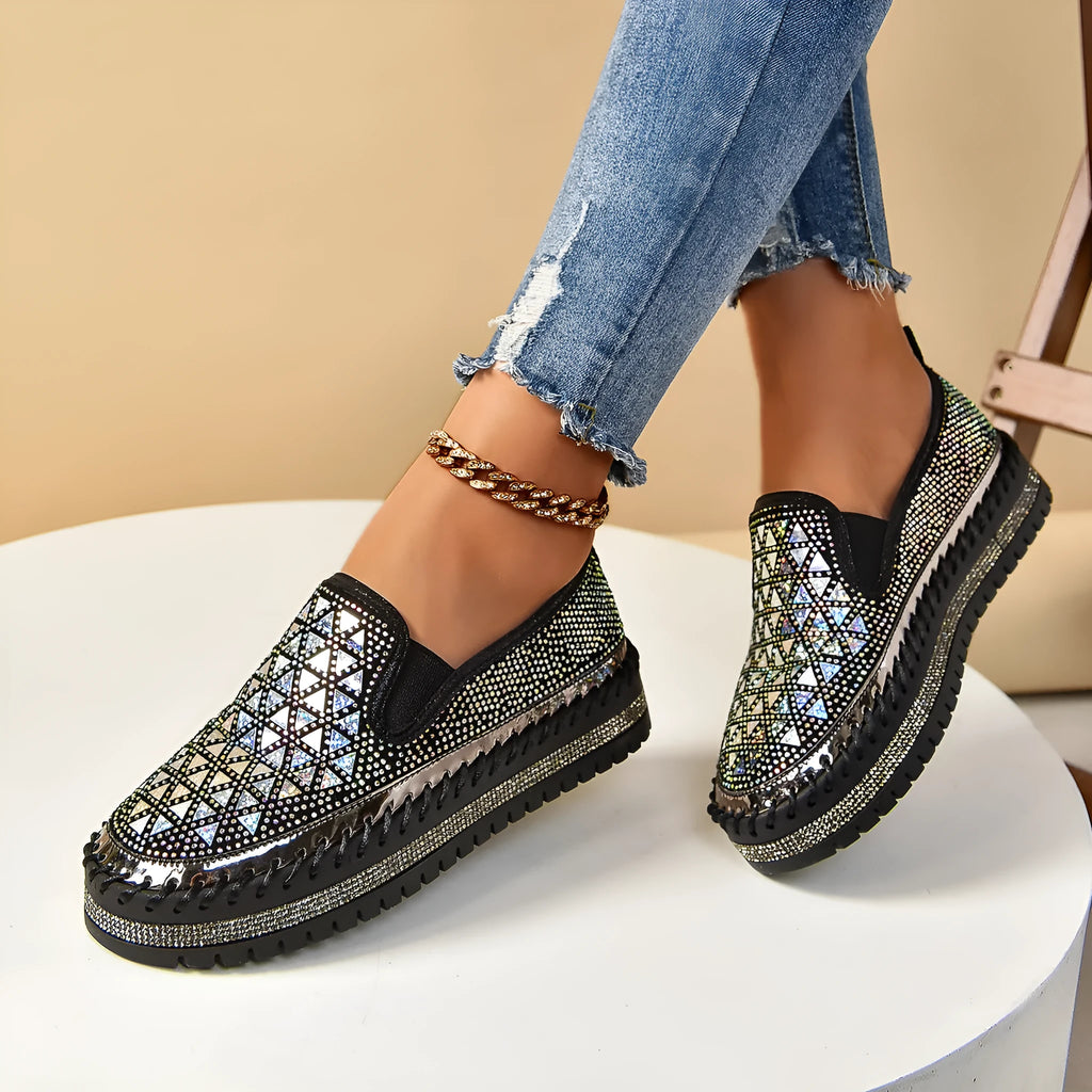 Casual suede flat sneakers with rhinestones and sequins, rubber sole, round toe, black beige yellow, sizes 35-44