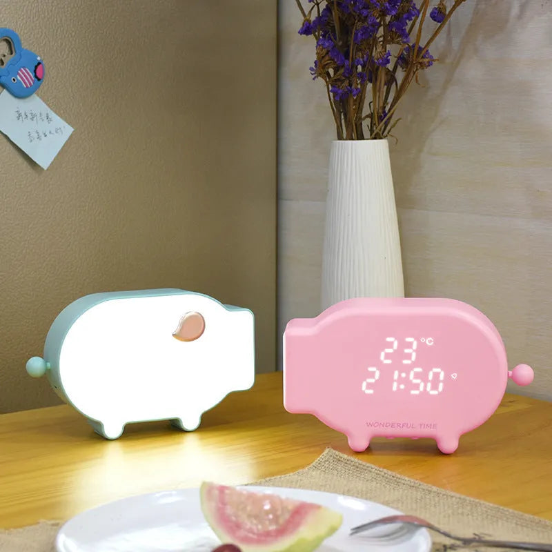 Blue multifunctional LED alarm clock showing time and temperature on display, with USB charging port.