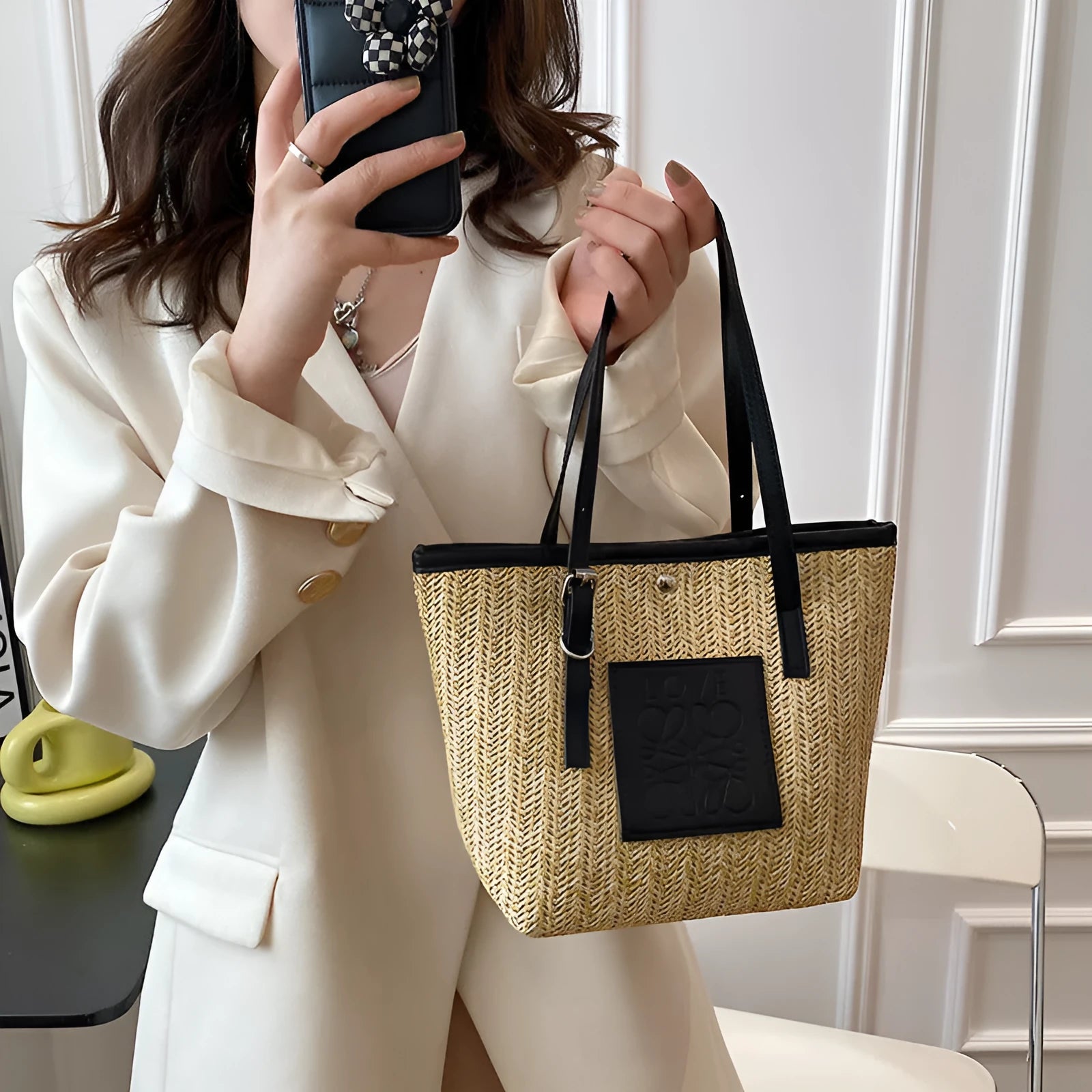 Straw woven large capacity shoulder bag with PU trim and retro styling