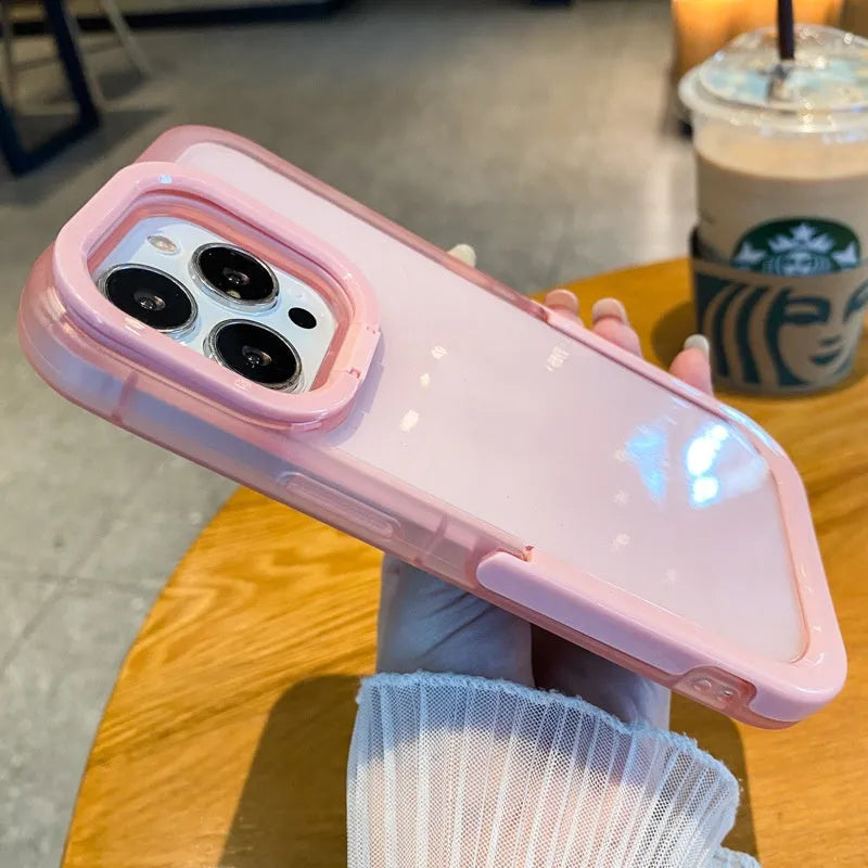 Invisible double-headed bracket iPhone case in black, green, rose red or white, TPU PC shockproof cover