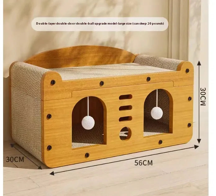 Brown corrugated cardboard cat house with double layer construction and two ball-shaped entrance doors