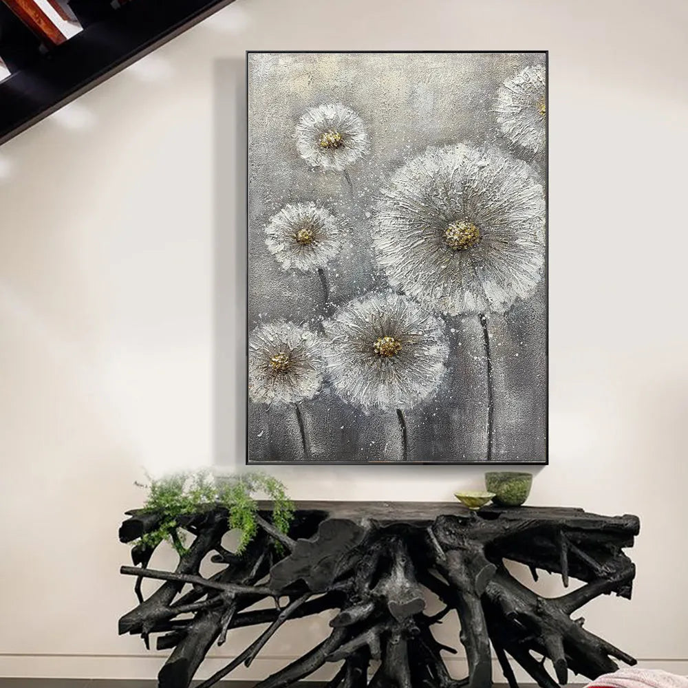 Large hand-painted white flower plant oil painting on grey canvas, unframed vertical single-panel wall art