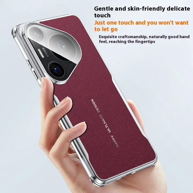 Black plain leather Huawei phone case with an invisible kickstand deployed.