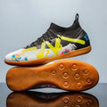 Low-top football boots in black and yellow with a PVC upper and non-slip rubber studded outsole.
