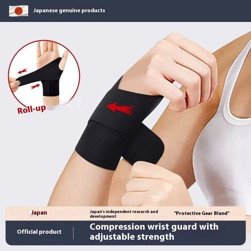 Adjustable hook and loop athletic wristguard for sports support in black colour.