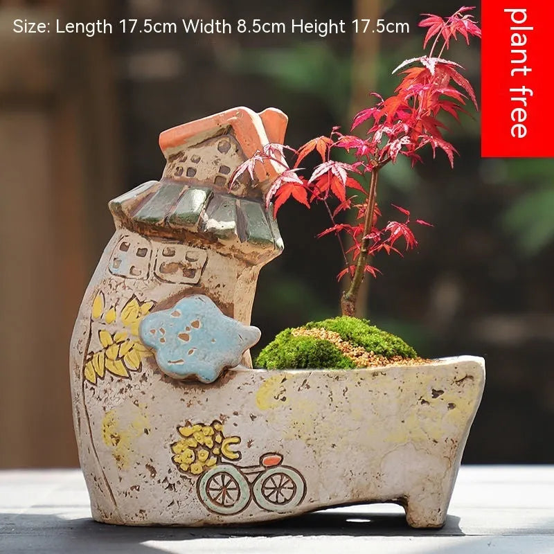 Ceramic combination flower pot with hand-painted pastoral design for plant display