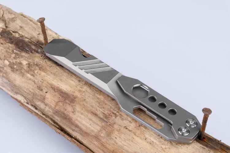 Titanium alloy multi-function crowbar tool with screwdriver and bottle opener in stone wash or gun grey finish