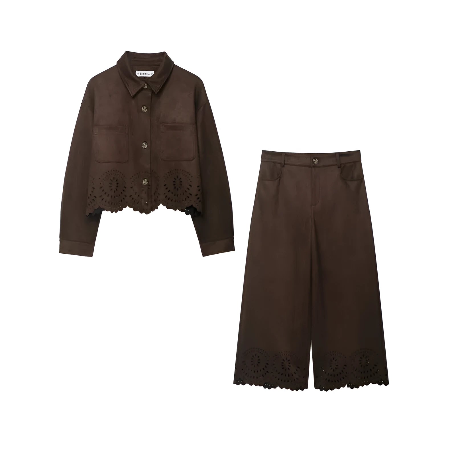 Women's solid colour hollow-out hem top and pants set with long sleeves and button details in size M