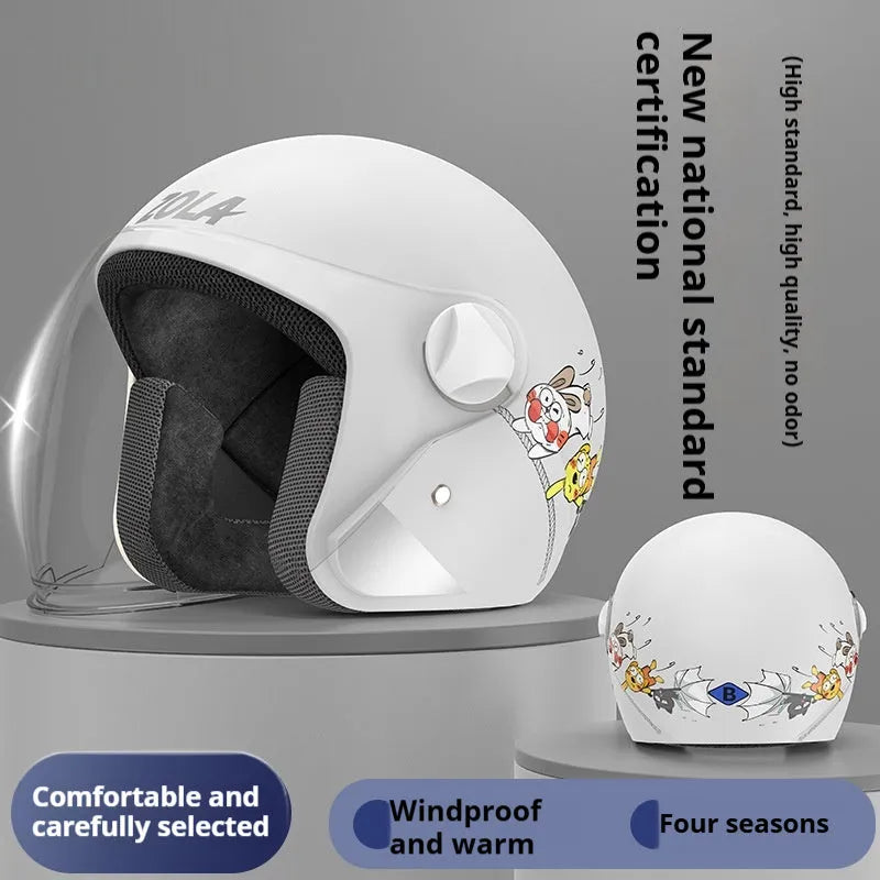 Blown Away winter cycling helmet with attached fleece scarf and clear anti-fog visor on a handlebar.