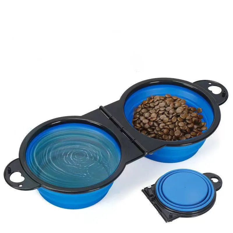 Blue silicone folding double pet bowl showing food and water compartments, collapsed and unfolded views