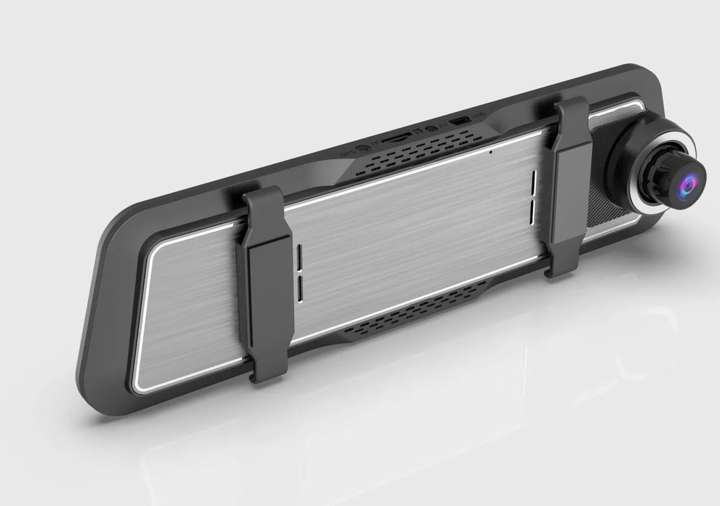 Black dual-lens dashboard camera with 9.66-inch screen mounted on car windshield.