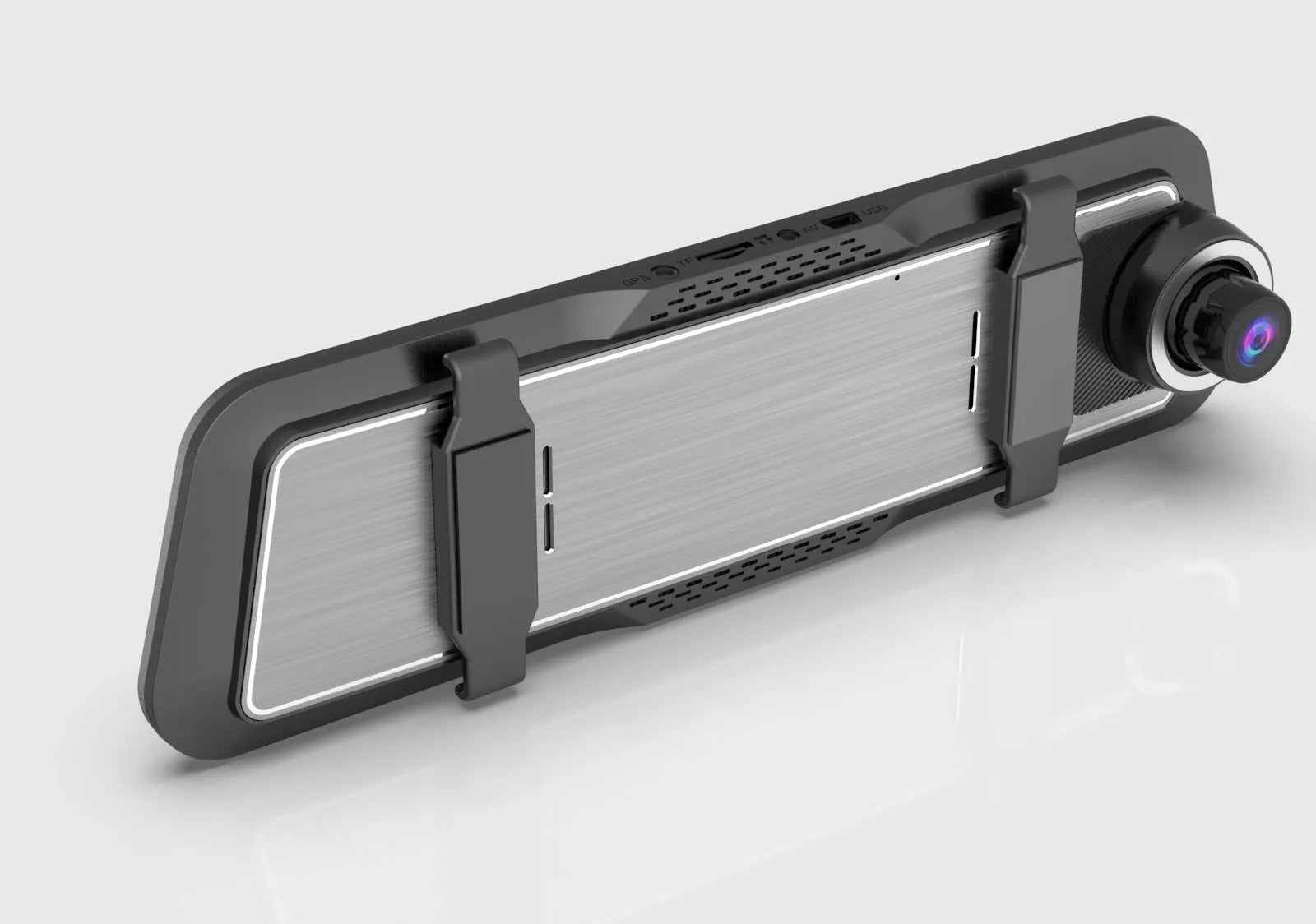Black dual-lens dashboard camera with 9.66-inch screen mounted on car windshield.