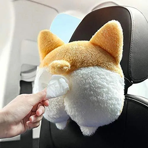 Yellow corgi butt shaped car tissue box cover with elastic strap for sun visor mounting.