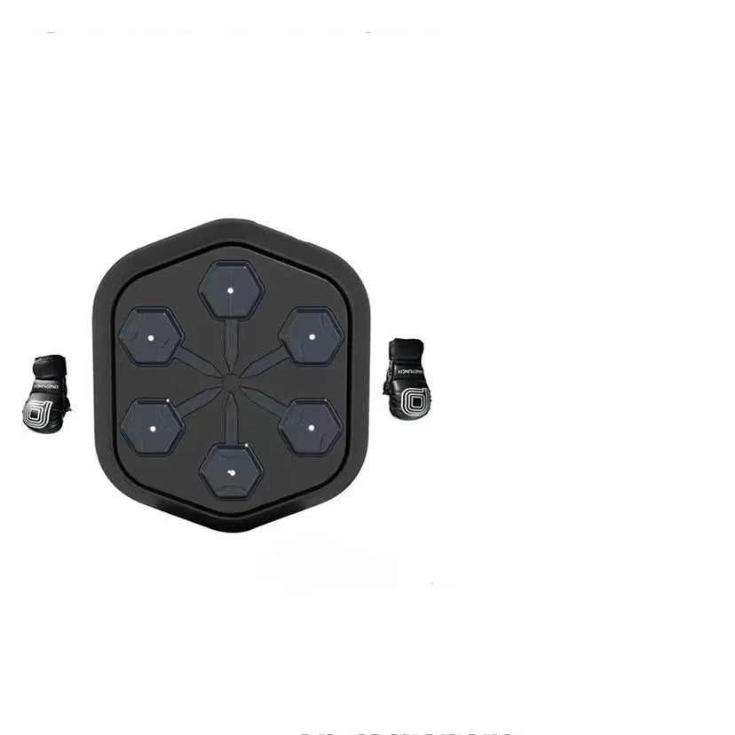 Black smart music boxing machine with Bluetooth connection and included gloves on a stable surface.