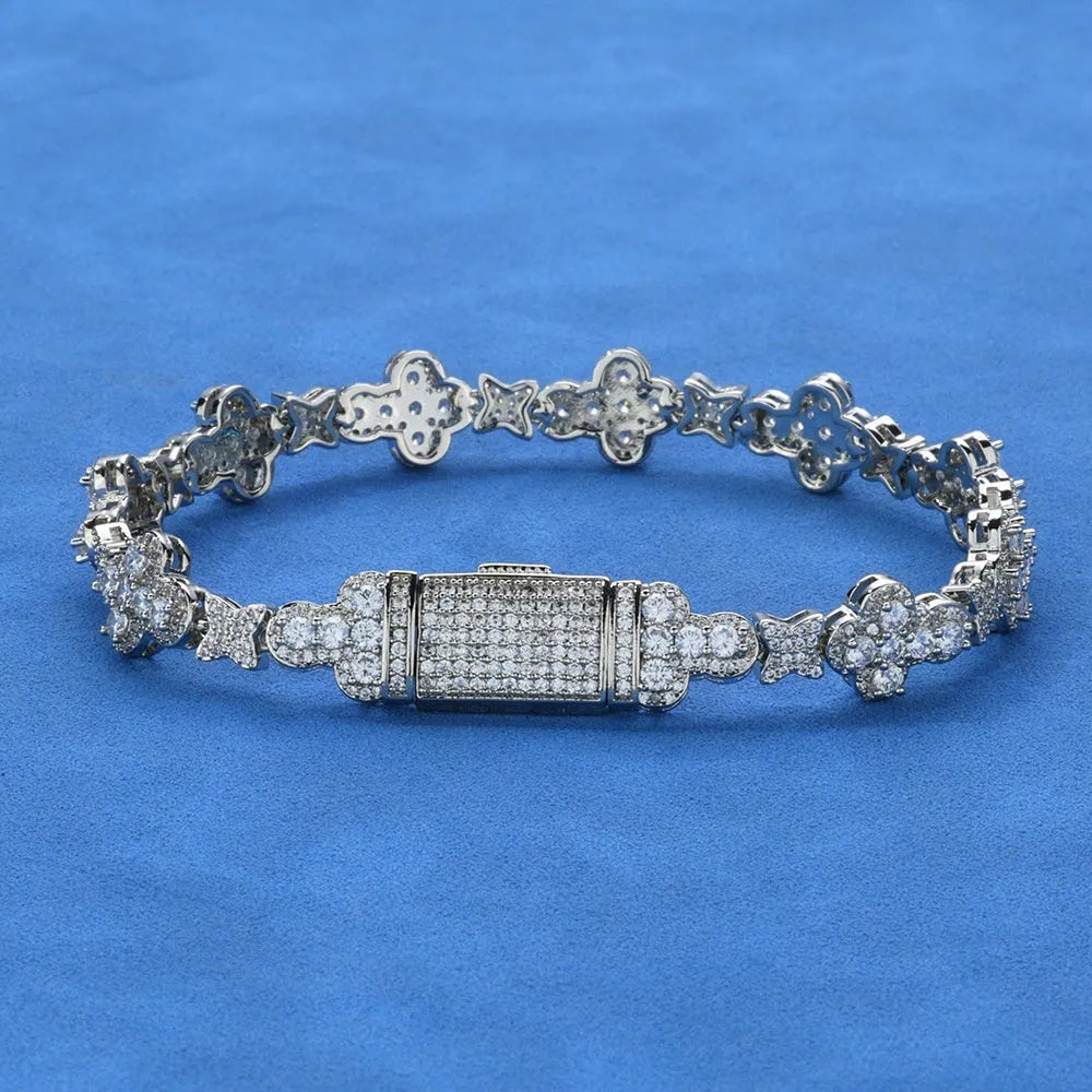 10mm hip hop cross star zircon bracelet in gold or platinum, 7 8 or 9 inches, unisex metal design.