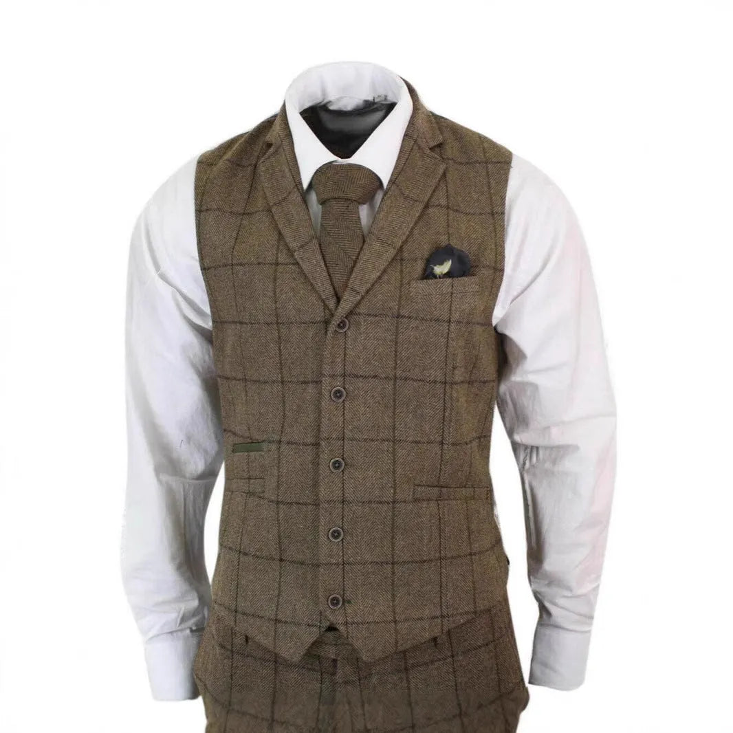 German-style three-piece brown plaid slim fit suit set with coat, vest, and trousers on hanger