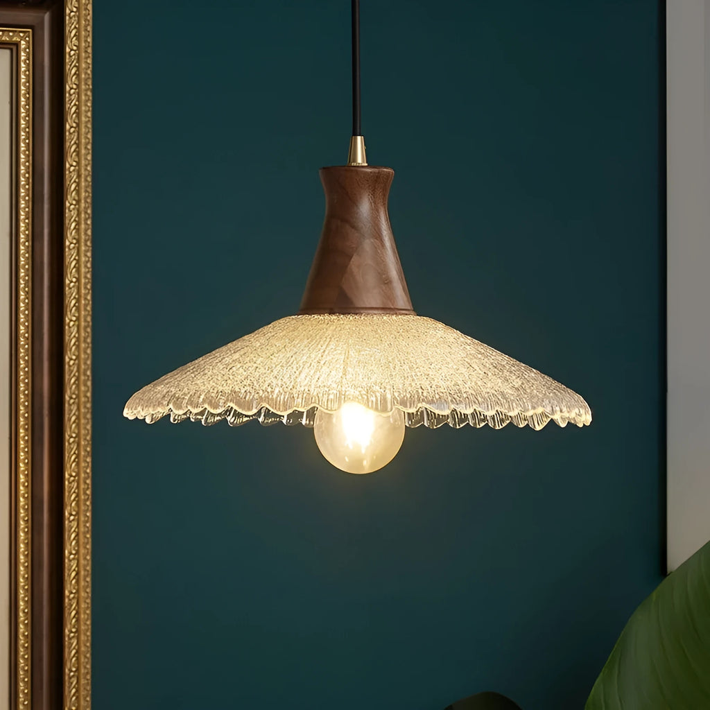 Retro brass and glass woodcraft chandelier ceiling lamp on a white background.