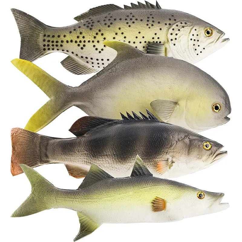 PU simulated fish ornament set showing yellow-fin tuna, small tuna, and yellow croaker marine models