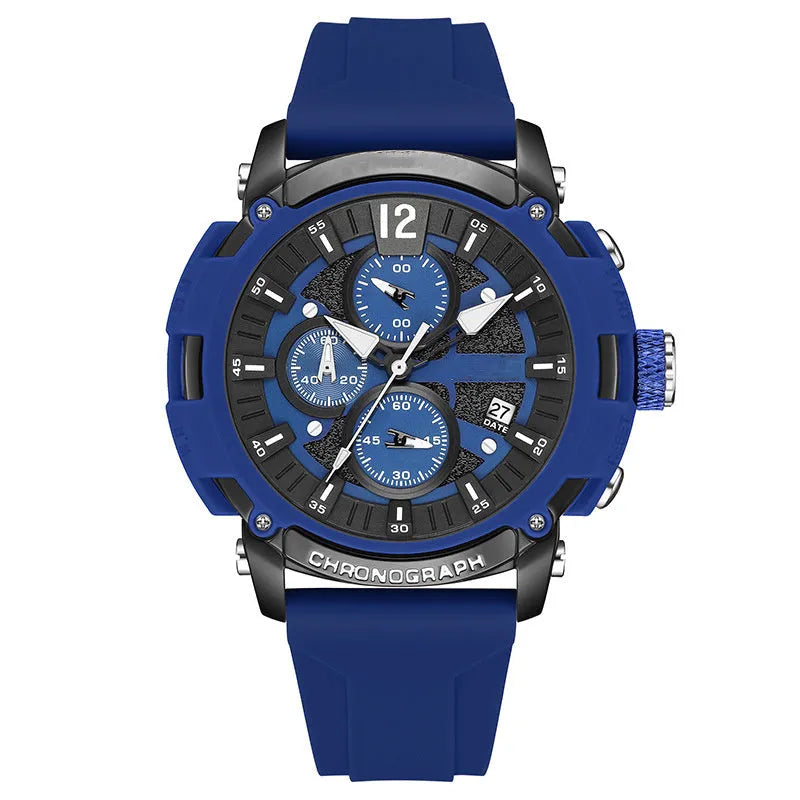 Men's black luminous calendar watch with a 51mm case on a wrist.