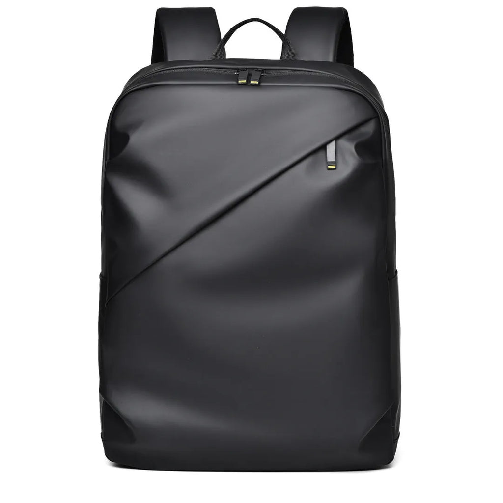 Large capacity waterproof PU leather backpack in black colour with sewing thread detailing