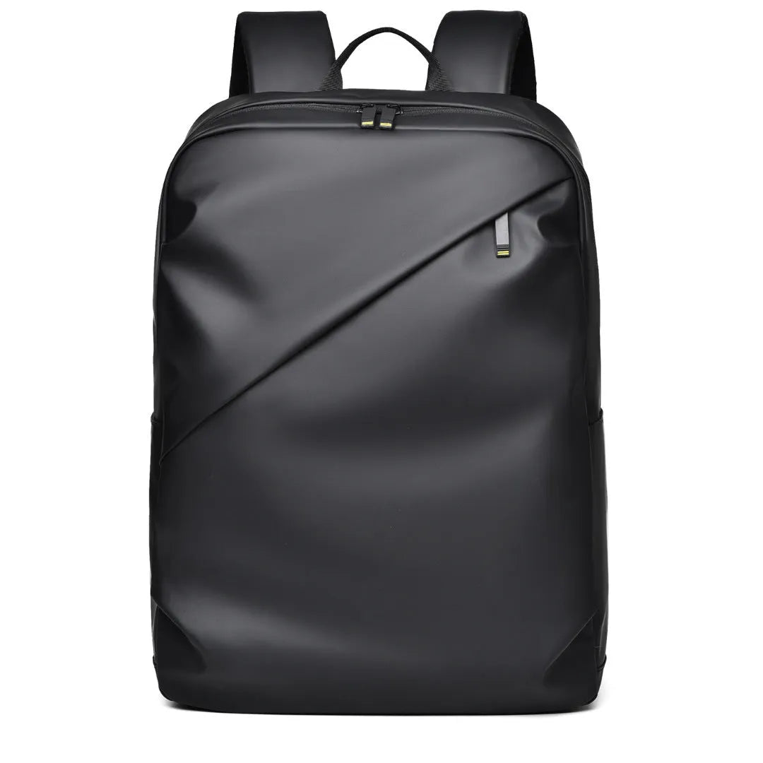 Large capacity waterproof PU leather backpack in black colour with sewing thread detailing
