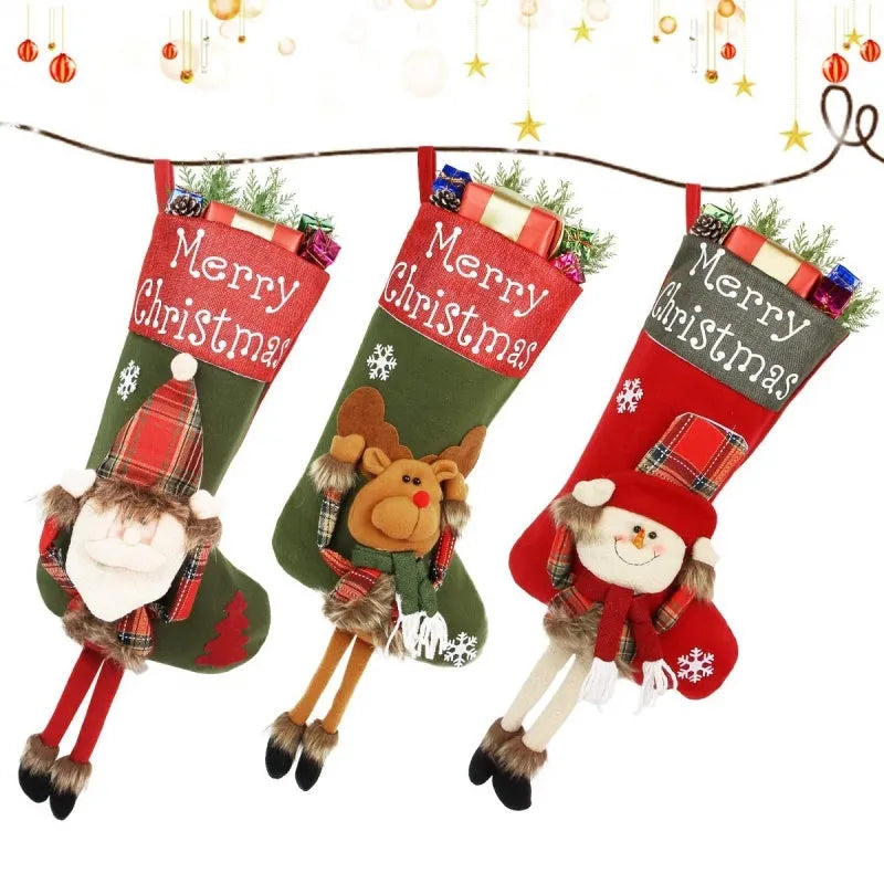 Three large Christmas stockings with 3D Santa, Snowman, and Reindeer designs hanging from loops