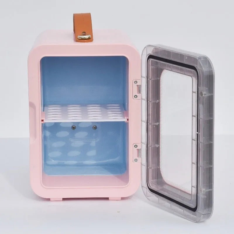 Beauty mini refrigerator with transparent door in pink, black, or white colours for car and home use