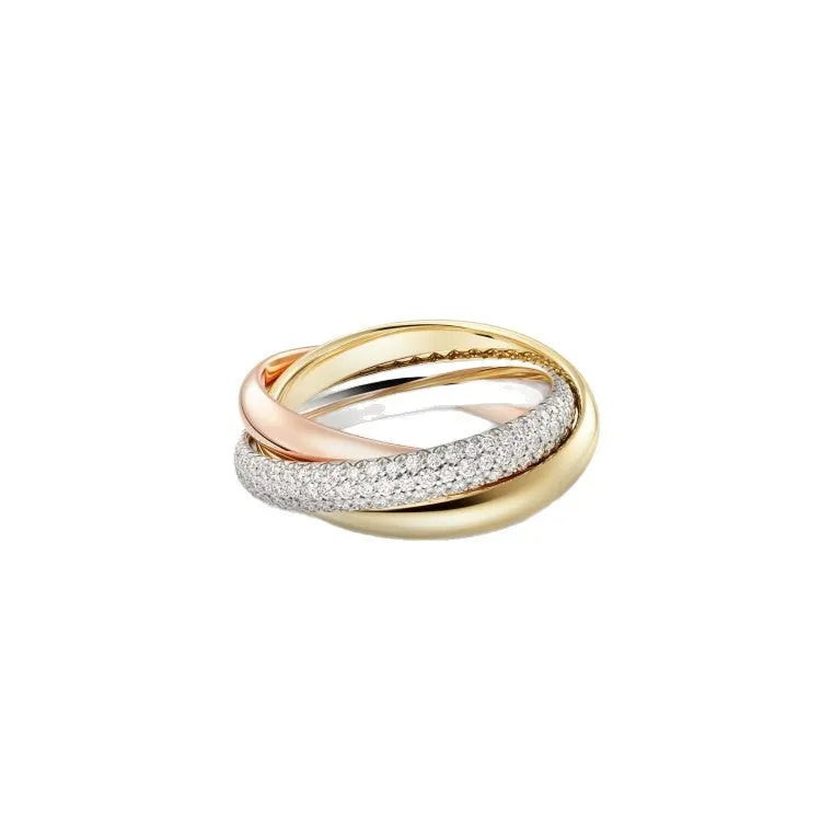 Solid silver couple rings on a hand, showing full diamond pave and plain band options in gold rose, silver, and black finishes.