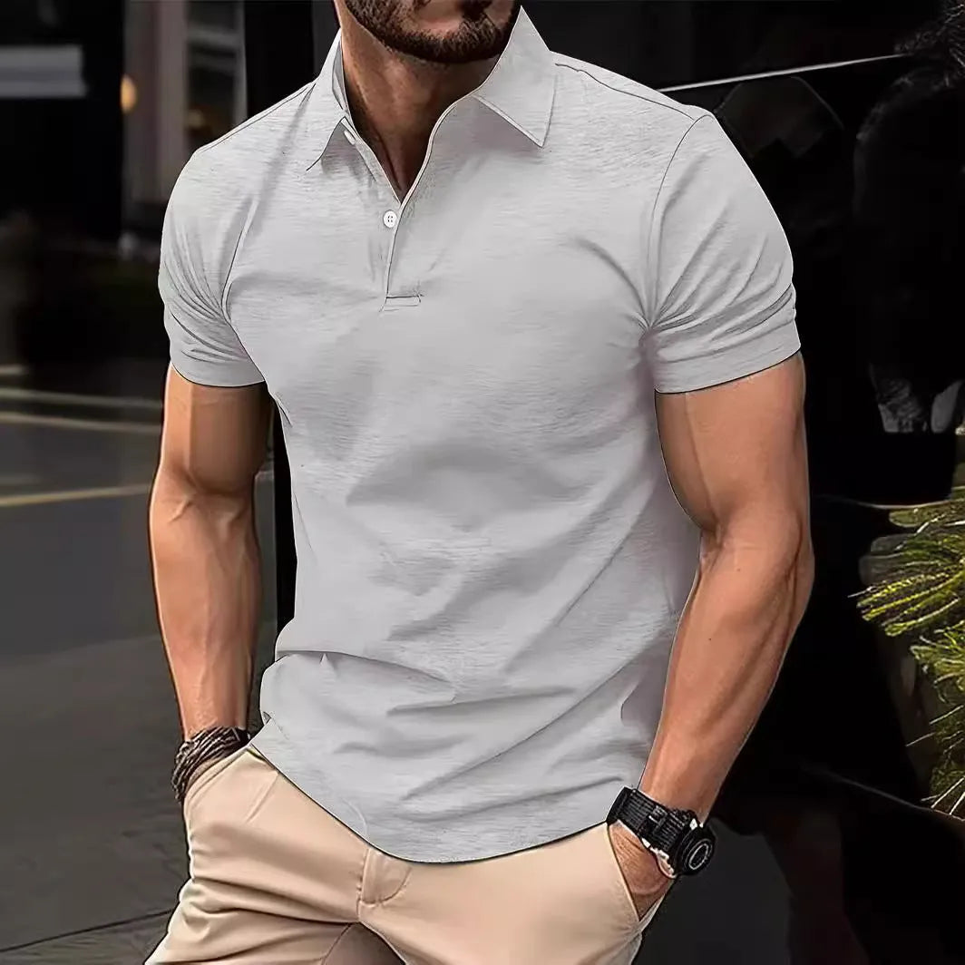 Men's slim-fit solid colour short sleeve button-up shirt on a hanger.