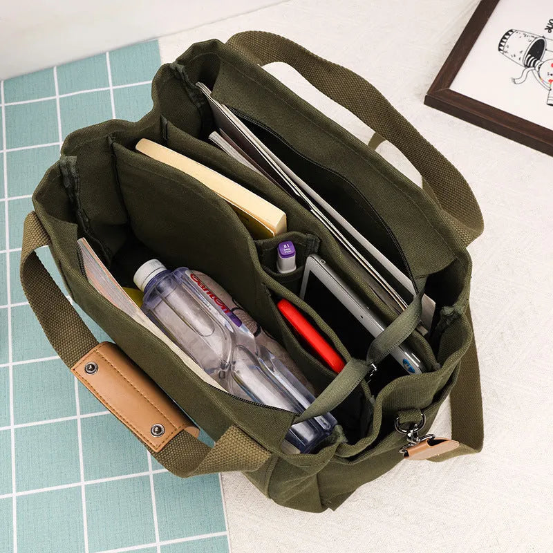 Canvas tote bag with multiple compartments in Army Green colour showing internal organisers